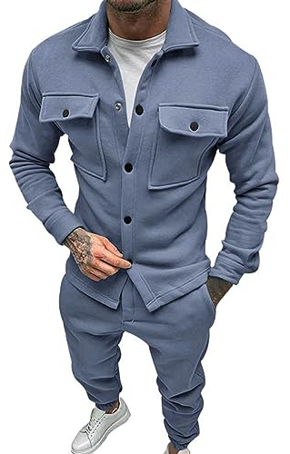 SkotO Freizeitanzug Herren Baumwolle Ohne Kapuze - Sportanzug Set Langarm Sweatjacke Mit Knöpfen & Tasche Jogginghose Einfarbig Jogginganzug Casual Locker Hausanzug Cargo Tracksuit