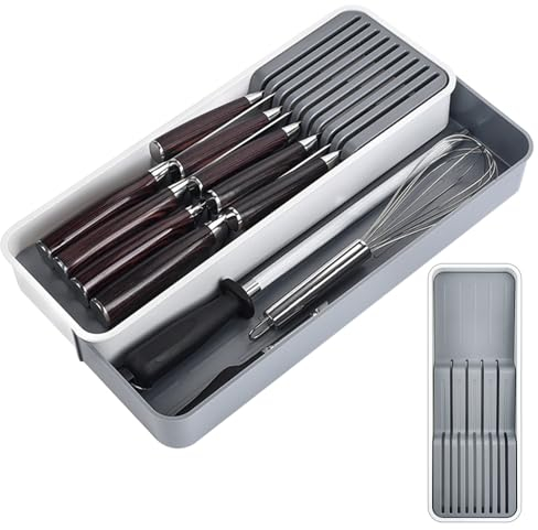 HEKOBAG Drawer Knife Organizer, Expandable Kitchen Cutlery Holder for 9 Blades (14-22.5cm) - Large Multi-Purpose Utensil Tray & Storage System for Knife Sets
