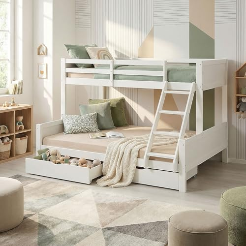 Homestyle4u Etagenbett 90x200 & 140x200 - Weißes Stockbett mit Matratzen | Massives Kiefernholz - Hochbett Set inkl. 2 Lattenrosten, Bettkasten & Leiter - Flexibles Doppelstockbett Kinder