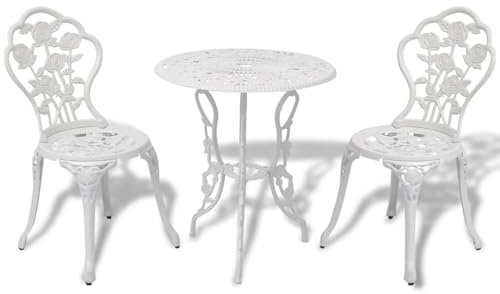 Homgoday 3-delat bistroset gjutet aluminium, vitt, bistrobord och stol för balkong, terrass och trädgård, utomhus, trädgårdsmöbler, uteplats, bistroset 1542 utomhus och trädgård