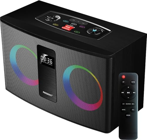 Ferguson - Stor Regent 300BT Power Audio 60 W Bluetooth-högtalare - stereopartybox med FM-radio - kompakt Hi-Fi-högtalare i trä, USB, AUX, RGB LED, Ultra Bass, klocka, kontroll