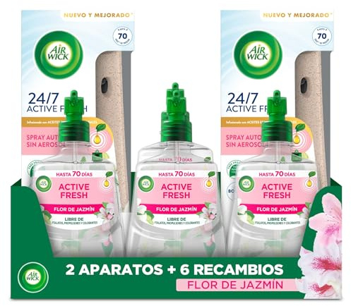 Air Wick Active Fresh Spray Automatico Sin Aerosol - Ambientador para casa con aroma a Flor de Jazmín - 2 aparatos + 6 recambios (228mlx6)
