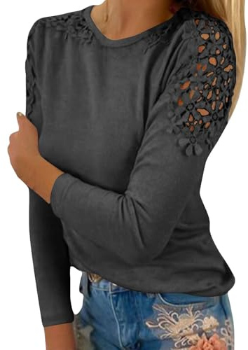 Yekdmxop Maglietta Donna Maniche Lunghe Elegante Blusa Girocollo Curvy Pizzo Camicetta da Ufficio Tinta Unita T-Shirt Casual Basic Top Slim Fit Tops Camicia Leggera Morbida Magliette Regalo 2025