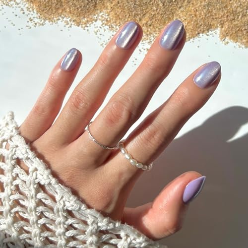 Glamnetic Press On Nails - Mermaid's Tail | Short Oval Purple Cat Eye Fake Nails with a Velvet Finish, Salon Quality Summer Nails | 15 Sizes - 30 Nail Kit with Glue