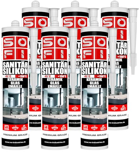 VE-INDUSTRIES Sanitär Silikon 6 x 280ml transparent Acetat Dichtstoff schimmelresistent Bad Küche Dusche