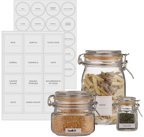 Kilner Pantry Labels with Whiteboard Pen – 142 Reusable Vinyl Stickers for Kitchen, Spice Jars & Cupboard Organisation (White, 3.2x5.7cm)