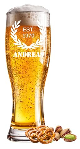 Bierglas graviert Lorbeerkranz 0,5l mit Wunschtext Name Jahr oder Spruch - Individuelles Weizenglas für besondere Anlässe wie Geburtstag, Jubiläum, Vatertag oder Feier - Gravur frei wählbar