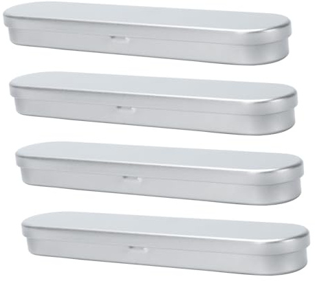 AUTSUPPL 4 Pcs Metal Tin Pen Boxes with Sponge Insert Tinplate Storage Cases for Single Pen Polished Rounded Edges Practical Organizer in Silver