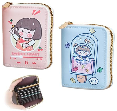 FOSDICK 2 Pezzi Portafoglio Ragazza, Carino Bambina PU Pelle Portafoglio Bambina, 9 Scomparti Carte Compatto 11x9x2.5cm Multifunzione Portamonete con Adorabile Disegno - Blu e Rosa