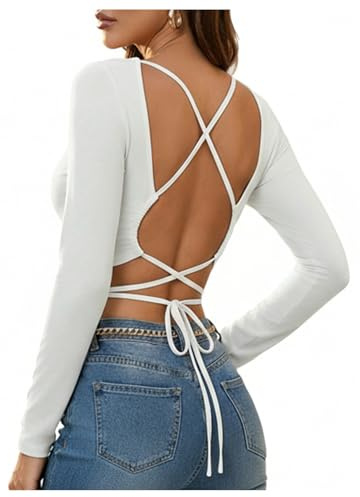 Verdusa Women's Long Sleeve T Shirts Criss Cross Lace Up Backless Crop Top Going Out Tops White Small
