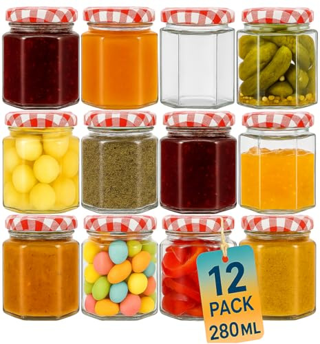 Offer Shop Glass Jam Jars with Red Gingham Lid & Labels- 280ml Hexagonal Storage Glass Jars | Food-grade, BPA-free Airtight seal for Spices Honey- 12 Jars