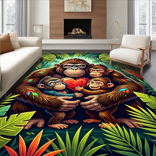Design&I Low Pile Flatwoven Area Rug 5x7, Delightful Ape Family Cushion Knotting Kit, Machine Washable, Stain Resistant Indoor Rug for Living Room, Bedroom, Non Slip(Brown, 5x7)