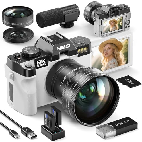 NBD 8K 64MP Digital Camera with Autofocus & 16X Zoom, Wi-Fi & App Control, Anti-Shake, 180° Flip Screen, Webcam Function, Includes Macro & Wide-Angle Lenses, 32GB TF Card & 2 Batteries (White)