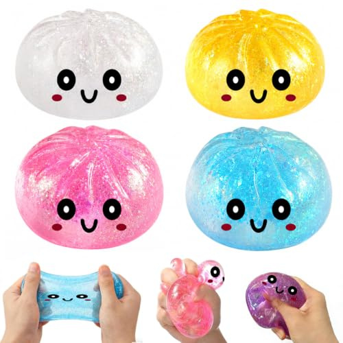 Dumpling Bao Squishy Glitter Mystery, 4 Stück Squishies Dumplings Buns Mystery Box, Stressbälle Antistressball Fidget Cube Antistressbälle Stressball Mitgebsel Kindergeburtstag Geschenke.