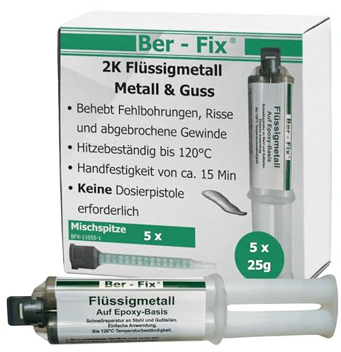 Ber-Fix Metal líquido 2K 5 x 25 g + 5 puntas, resistente al calor hasta 120 °C, adhesivo de metal fuerte y espátula de metal, ideal para reparaciones de metal