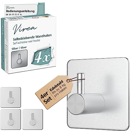 virea Selbst-Klebende Wandhaken ohne Bohren 4er Set - Wasserfeste Klebehaken aus Edelstahl - Starke Klebekraft bis 8 kg - Haken für Bad & Küche etc. - Bademantelhaken Handtuchhaken