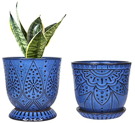 Lot de 2 pots de fleurs en céramique de 15,2 cm avec trou de drainage et soucoupe pour plantes, intérieur/extérieur, grand pot rond pour orchidée succulente Vert crevette.