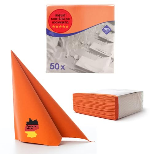 Aroba Airlaid Lot de 50 serviettes de table aspect tissu, 19 couleurs, 40 x 40 cm, pliables en 1/4, aspect tissu, pour anniversaire, hôtel, restauration, célébration, Noël, mariage, orange