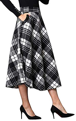Ylingjun Jupe longue en laine pour femme Taille haute élastique Une ligne évasée plissée en laine - noir - XX-Large