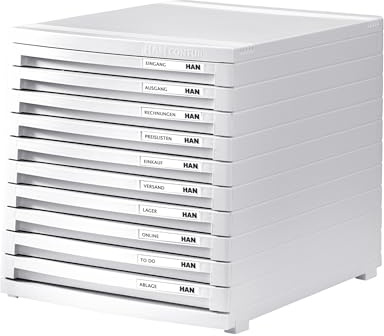 HAN Schubladenbox CONTUR mit 10 flachen geschlossenen Schubladen bis Format B4, inkl. Auszugsperre, inkl. Beschriftungsschildern, Gummifüße, modular erweiterbares Schubladensystem, 1510-12, weiß
