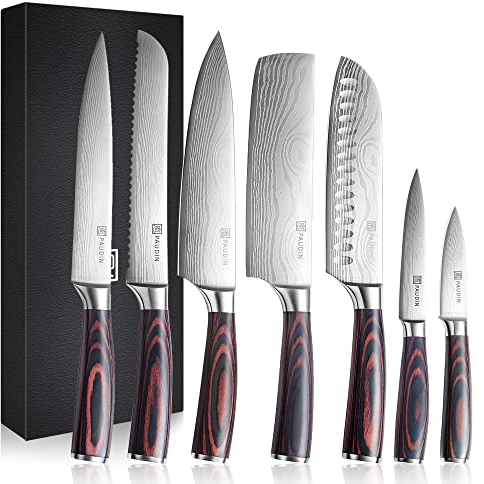PAUDIN Messerset 7-teilig, Küchenmesserset aus hochwertigem Edelstahl, Profi Kochmesser mit scharfer Klinge, Küchenmesser mit ergonomischem Holzgriff, langlebiges Messer Set, Geschenkbox