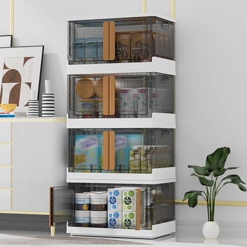 gerritfany Aufbewahrungskörbe mit Deckel – Kunststoff-Aufbewahrungskörbe für Schrank-Organizer und Aufbewahrung, Faltbare Aufbewahrungsbox, Faltbare Aufbewahrungskörbe (4 Packungen, L-32 Liter)