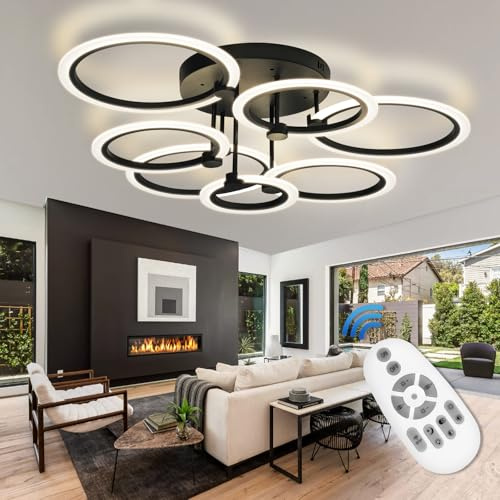 SEABLE Modern LED Ceiling Light 7 Rings Dimmable Fixtures with Remote Black Close to Ceiling Light 31.8 130W 3000K-6500K Flush Mount Ceiling Lamp for Living Room,Bedroom,Kitchen