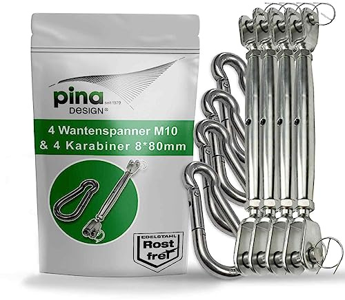 Pina DESIGN seit 1979 - Sonnensegel Befestigungset aus V4A Edelstahl | Set aus M10 Wantenspanner & 80mm Karabiner | Robuste Befestigung für Sonnensegel, Abdeckplane, Drahtseil oder Tarp (4 Paar)