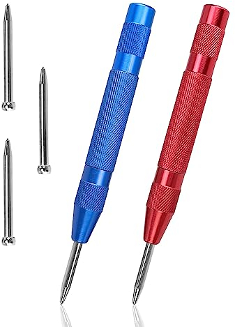 2 Stück Körner Metall, HASLED 130mm Federbelasteter Mittellocher mit 3 Ersatzspitzen für Metall, Automatik Körner mit Einstellbarer Spannung zur Positionierung auf Holz, Glas und Metalloberflächen