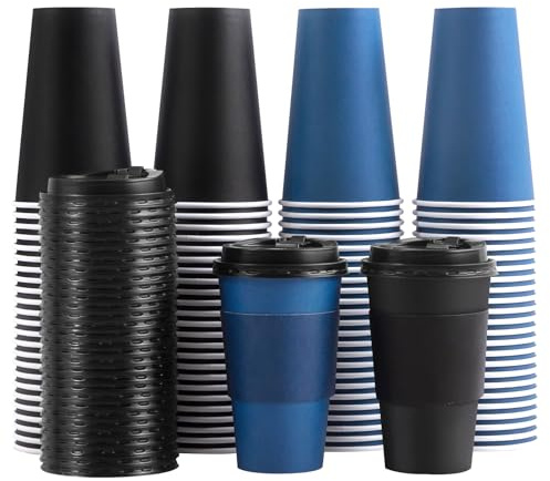 SIUQ 100 Pack 16 oz Disposable Coffee Cups with Lids and Sleeves, To Go Paper Cups, Hot & Cold Drinking Cups for Tea, Coffee, Water, Hot Chocolate, Paper Coffee Cups Ideal for Home,Cafes,Store