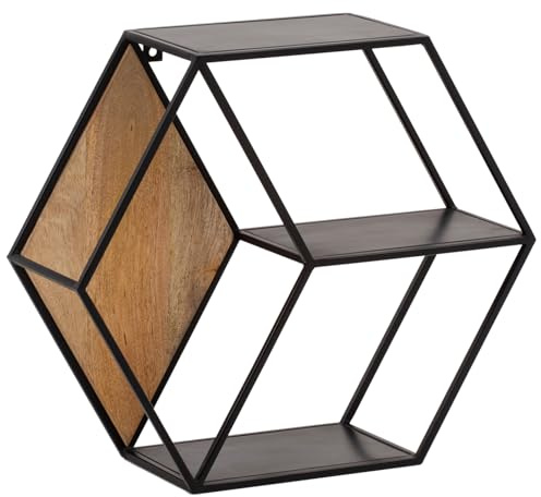 FineBuy Wandregal Sechseckig 60x20x52 cm Mango Massivholz Schwarz | Schweberegal Industrial in Wabenform, Dekoregal hängend aus Echtholz, handgefertigtes Unikat