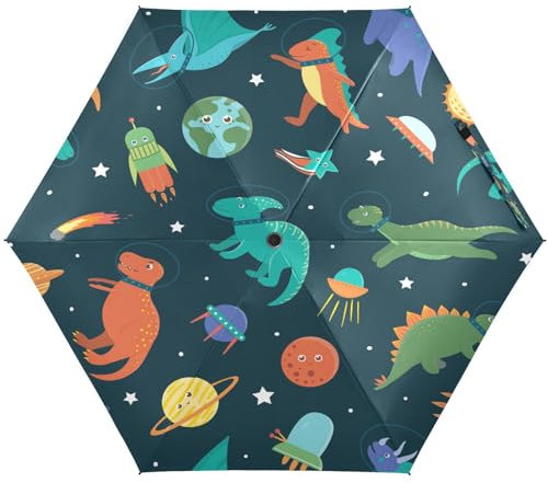 KAAVIYO Cartoon-Dinosaurier-Planetenraum Regenschirm UV-Schutz Taschenschirm Umbrella Klein Leicht Schirm Kompakt Schirme für Mädchen Reise Strand Frauen