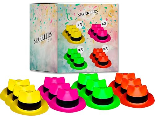 SPARKLERS CLUB Lot de 12 Chapeaux Fluorescents - 3 Chapeau Neon par Couleur, Jaune Rose Vert Rouge Spéciale Lumière Noire et Ultra Violet - 4 Couleurs Vives - Accessoire Fluorescent