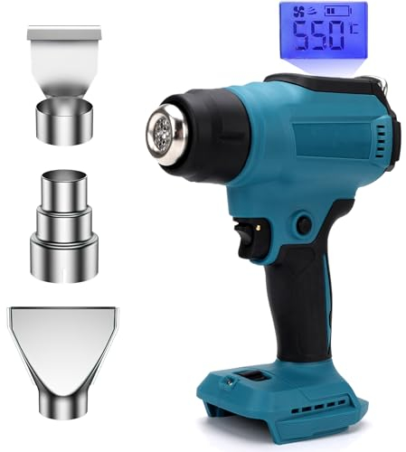 Pistola termica a batteria compatibile con batteria Makita da 18 V, pistola termica a batteria a 2 stadi con indicatore di temperatura e batteria, gancio e 3 ugelli per asciugare, piegare tubi,
