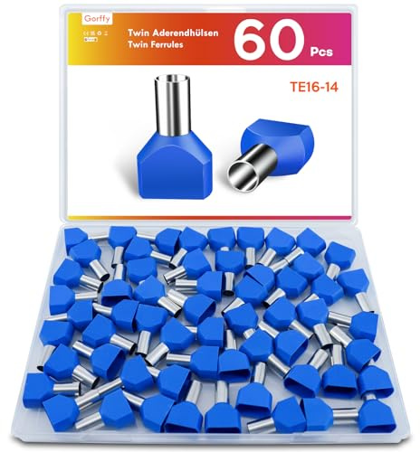 Gorffy 60 Stück Twin Aderendhülsen 16mm² Blau, Isoliert 14mm Set | Doppel Aderendhülse Doppelt Set, Zwillingaderendhülsen, Aderendhülsen 16mm² x 14mm, für Drahtverbindung