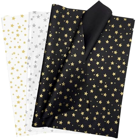 Jwssor Carta velina a forma di stella, 20 fogli di carta natalizia a forma di stella, colore: oro, argento, nero, oro, oro, 50 x 35 cm, carta da regalo natalizia