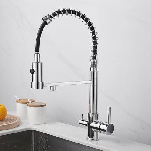 XJTNLB 3 Wege Küchenarmatur Küche Spültischarmatur mit Brause Spültischarmatur Wasserhahn Trinkwasserhahn Küche Zweigriffige Dual-Modus Drei Wege Wasserhahn Küche Chrom