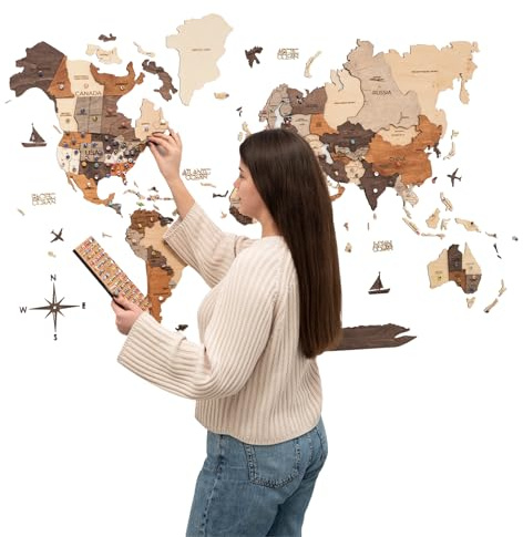 Enjoy The Wood Mappa Mondiale in Legno 3D Arte da Parete Grande Decorazione da Parete Idea Regalo per Inaugurazione Casa Mappa Mondiale in Legno per Viaggi Casa e Cucina o Ufficio (M, Multicolor)