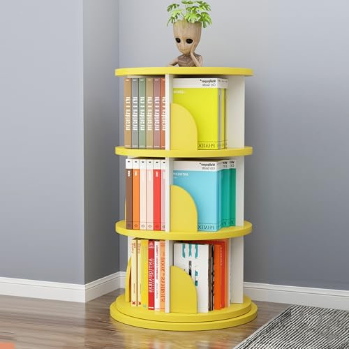 ZEOPLE Drehbares Bücherregal, 360° Frei Drehbar, Bücherregal Kinder MDF, bücherregal drehbar freistehend für Schlafzimmer, Wohnzimmer, Arbeitszimmer und Büro(Gelb,3 Layers)