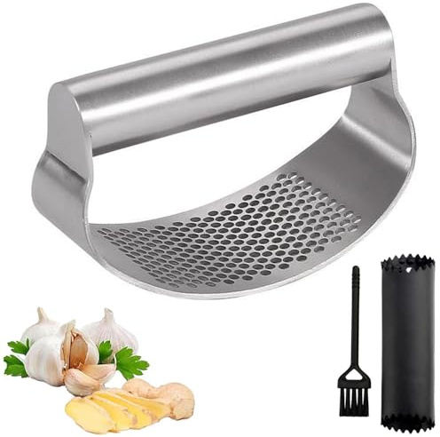 Knoblauchpresse Edelstahl, Knoblauchpresse Wippe, Küchenhelfer Garlic Press mit praktischem Reinigungsbürstchen und Silikon Knoblauchschäler Set