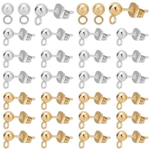 Beebeecraft 100 st 2 färger kulstiftörhängen fynd 24K guld och 925 sterling silverpläterat 304 rostfritt stål runt stolpe med ögla för dinglande örhängen smyckestillverkning gör-det-själv