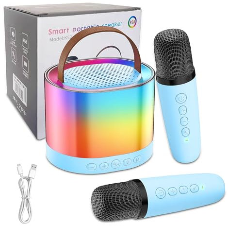 PZCC Mini machine de karaoké avec 2 microphones, machines de karaoké pour filles avec lumière LED, machine de karaoké sans fil avec rechargeable et connexion Bluetooth, idéale pour cadeau,