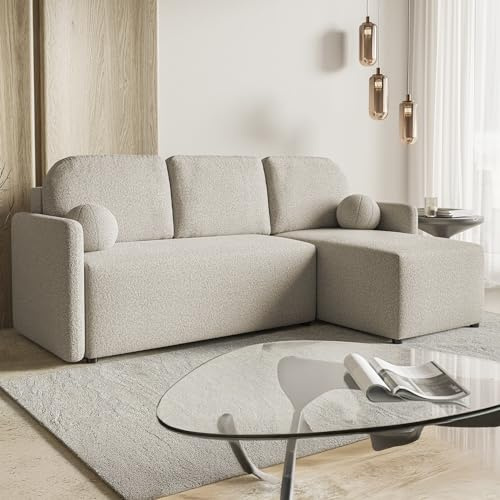 MOTIVENA Madera Ecksofa mit Schlaffunktion und Bettkasten, L Form Couch, Cloud Eckcouch, Boucle Sofa in Weiß, 3 Sitzer