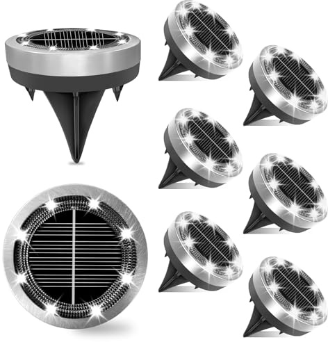 Ayciep Klein Solar Bodenleuchten Aussen, 8 Stück 8 LED Mini Solarleuchten für Außen, Solarlampen für Außen, Led Solar Gartenleuchten, Kaltweiß, IP65 Wasserdicht, Edelstahl, Geeignet für Rasen, Gehweg