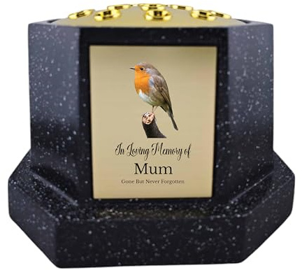 In Loving Memory Of Memorial Octagon Rose Bowl Grave Marker Flower Pot Vase With Robin Design Mum Dad & Lots More Black/Gold (UV PRINTED) (Mum)