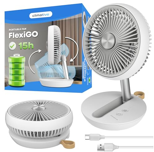 Climative Tischventilator Sehr Leise Ø 19cm USB Ventilator Akku 15h Table Fan FlexiGo Faltbar 4 Modi 400 m³/h 180° Verstellbar Ventilator Camping & Büro Weiß
