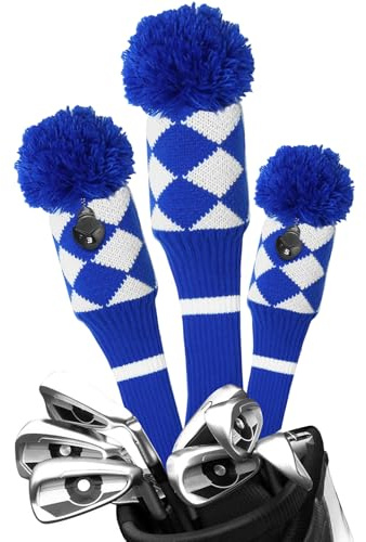Golf Club Wood Head Covers Pom Value 1 3 Pack, Premium Knitted Driver and Wood Protection with Secure Elastic Fit, Stylish Classic Striped Design for Men & Women Choose (Blue&White-3pcs(D+F+H))