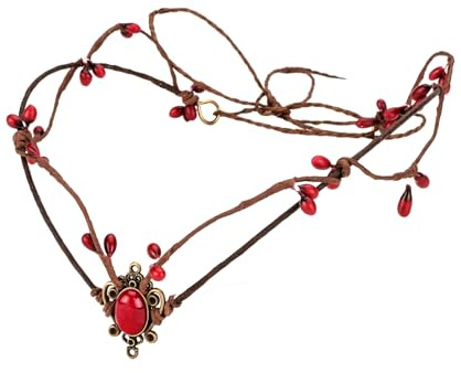 Merroyal Vintage Style Fantasy Crown Headband with Gemstone Pendant, Leather Cord, Decorative Beads for Renaissance Cosplay (Red)