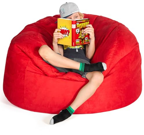 Green Bean Jumbo Max Riesensitzsack mit Memory-Schaum Flockenfüllung – Sitzsack XXL aus flauschigem Velours in 4ft (120x70cm) Rot – Indoor Lounge-Sitzsack waschbar & gemütlich