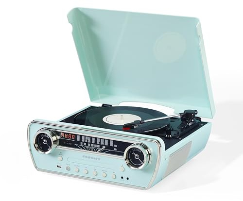 Crosley Powel - Tocadiscos 7 en 1 con Altavoces y Reproductor de CD, Sistema de Entretenimiento Bluetooth con diseño de Coche Vintage con Radio Am/FM, Estilo Retro Aguamarina para Vinilo, música